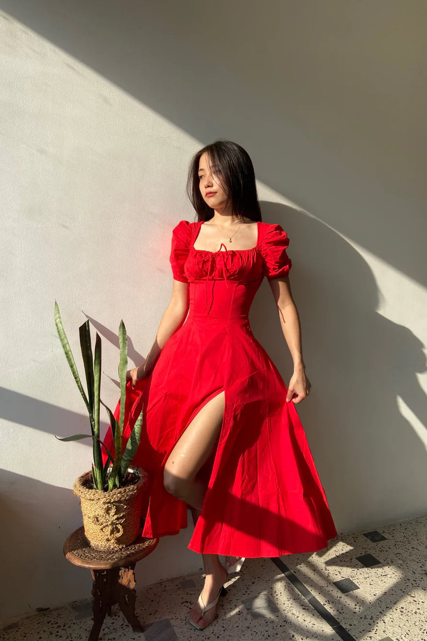RED PUFF SLEEVE DRESS