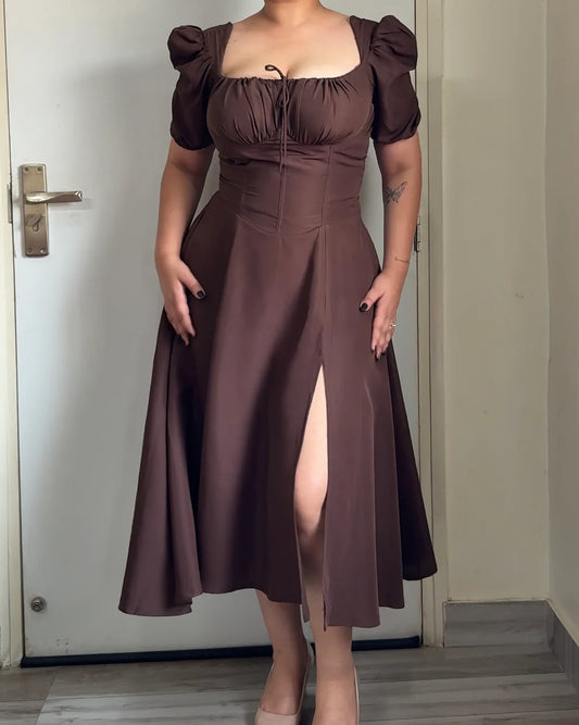 BROWN PUFF SLEEVE DRESS