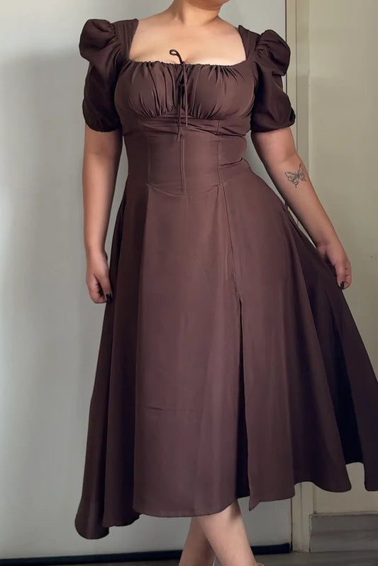 BROWN PUFF SLEEVE DRESS