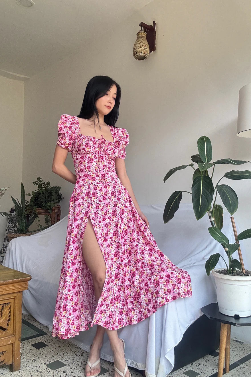 PINK FLORAL PUFF SLEEVE  DRESS
