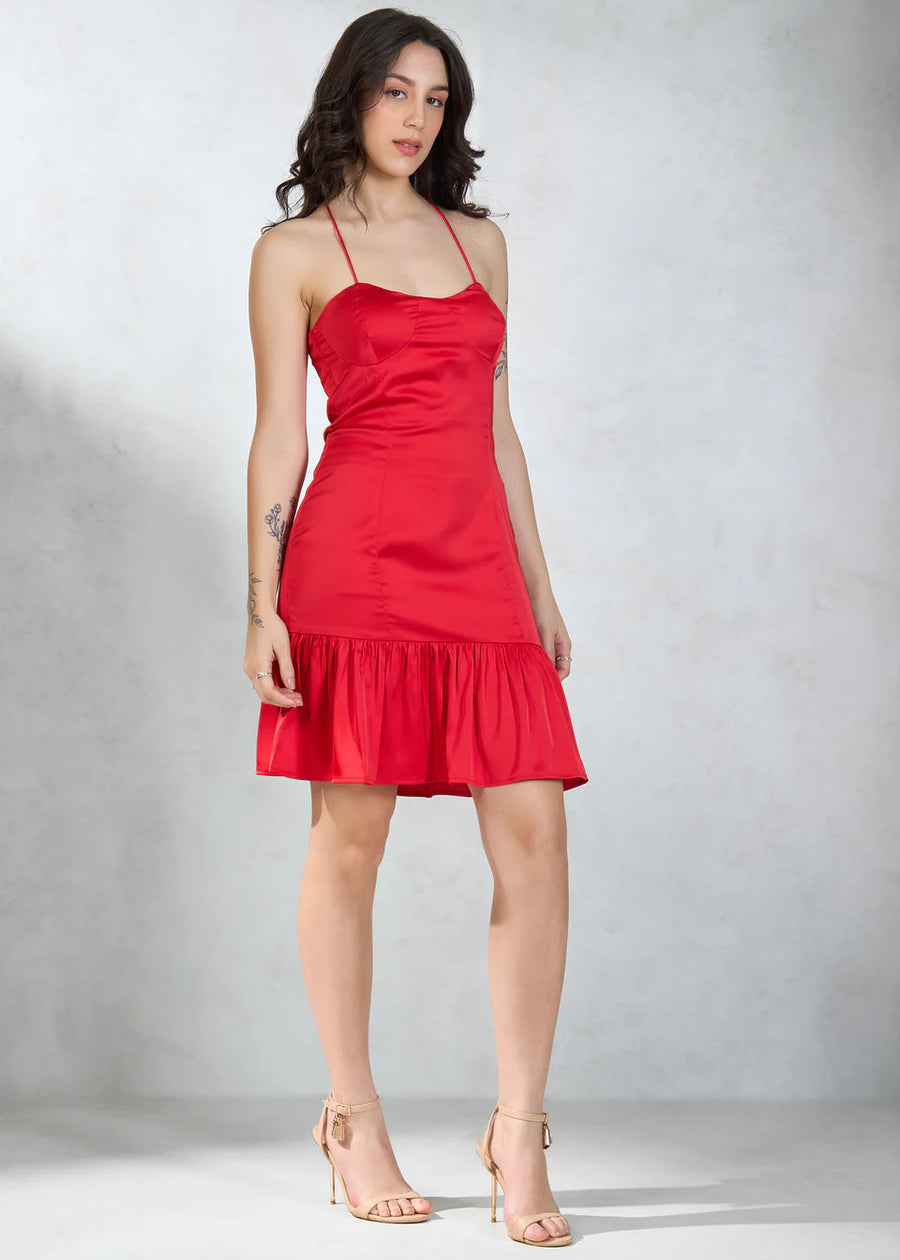 SATIN STRETCH RUFFLE MINI DRESS