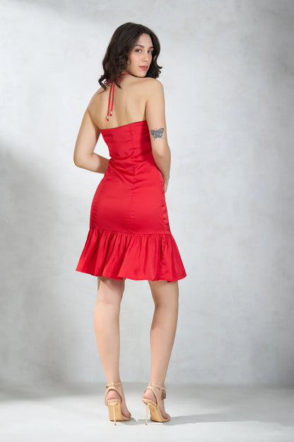 SATIN STRETCH RUFFLE MINI DRESS