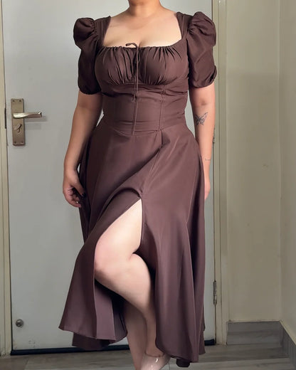 BROWN PUFF SLEEVE DRESS
