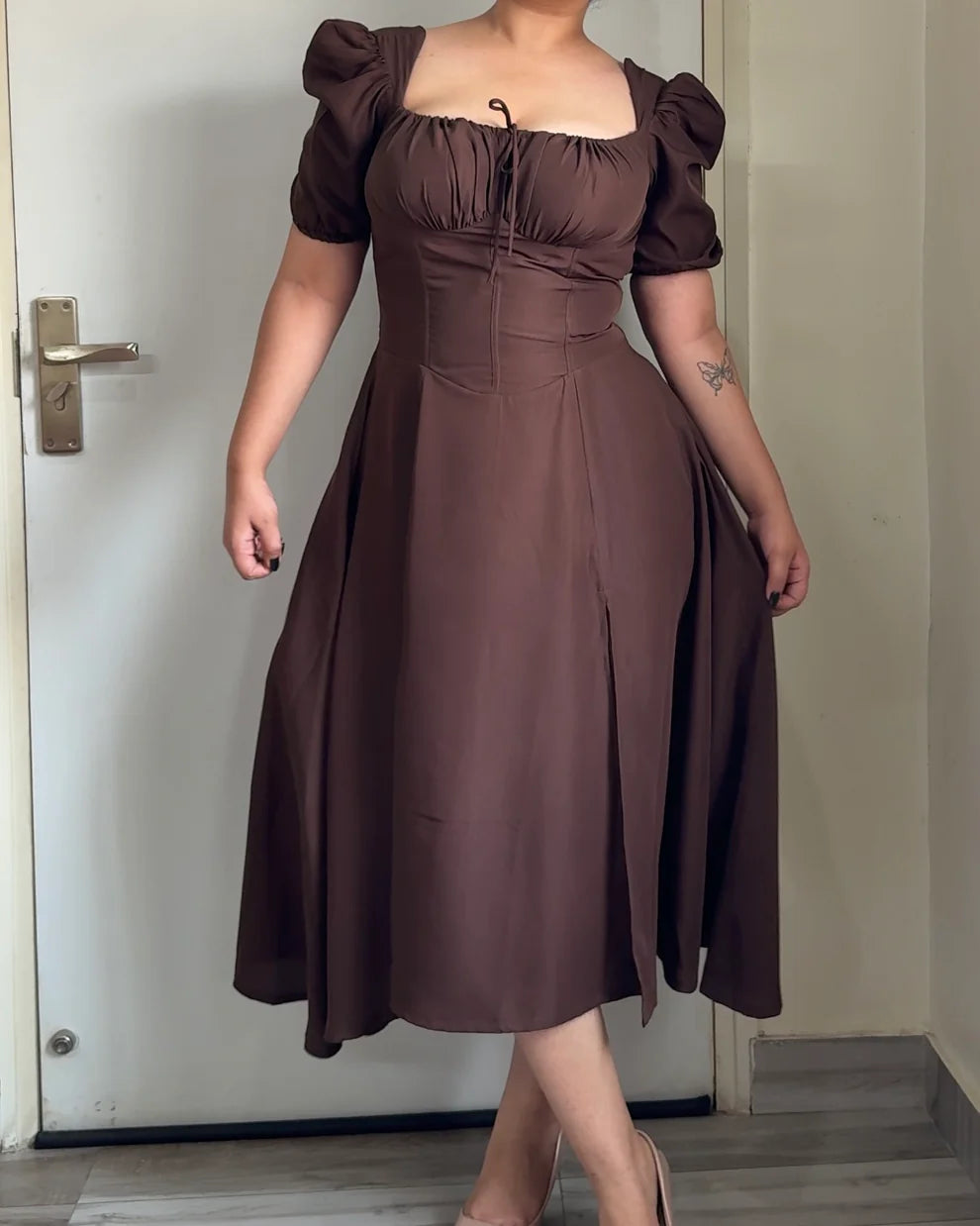BROWN PUFF SLEEVE DRESS