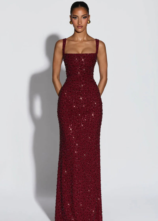 CALANTHE MAXI DRESS — BURGUNDY SPARKLE