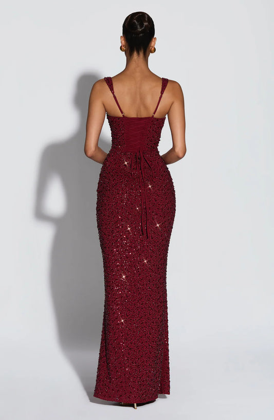 CALANTHE MAXI DRESS — BURGUNDY SPARKLE
