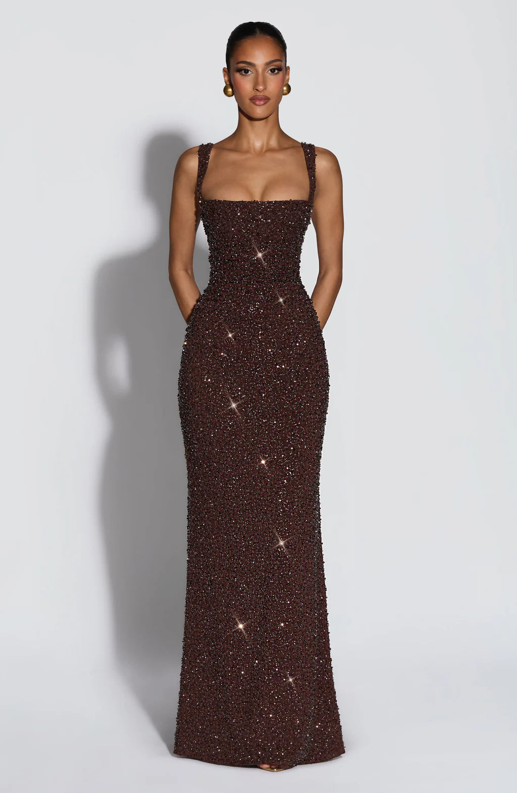 CALANTHE MAXI DRESS — PLUM BROWN SPARKLE