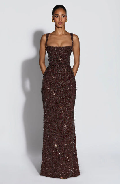 CALANTHE MAXI DRESS — PLUM BROWN SPARKLE