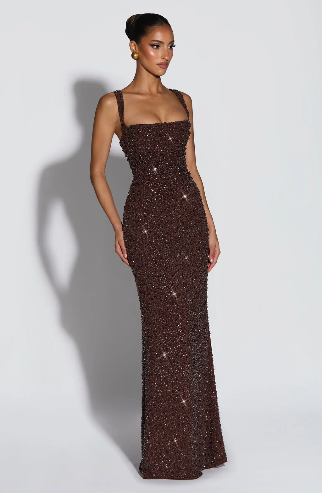 CALANTHE MAXI DRESS — PLUM BROWN SPARKLE