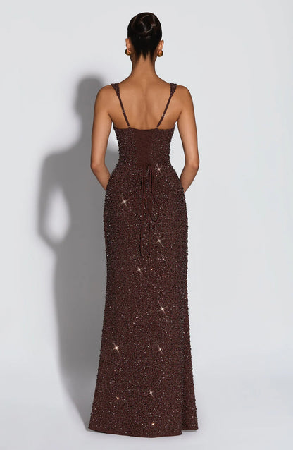 CALANTHE MAXI DRESS — PLUM BROWN SPARKLE