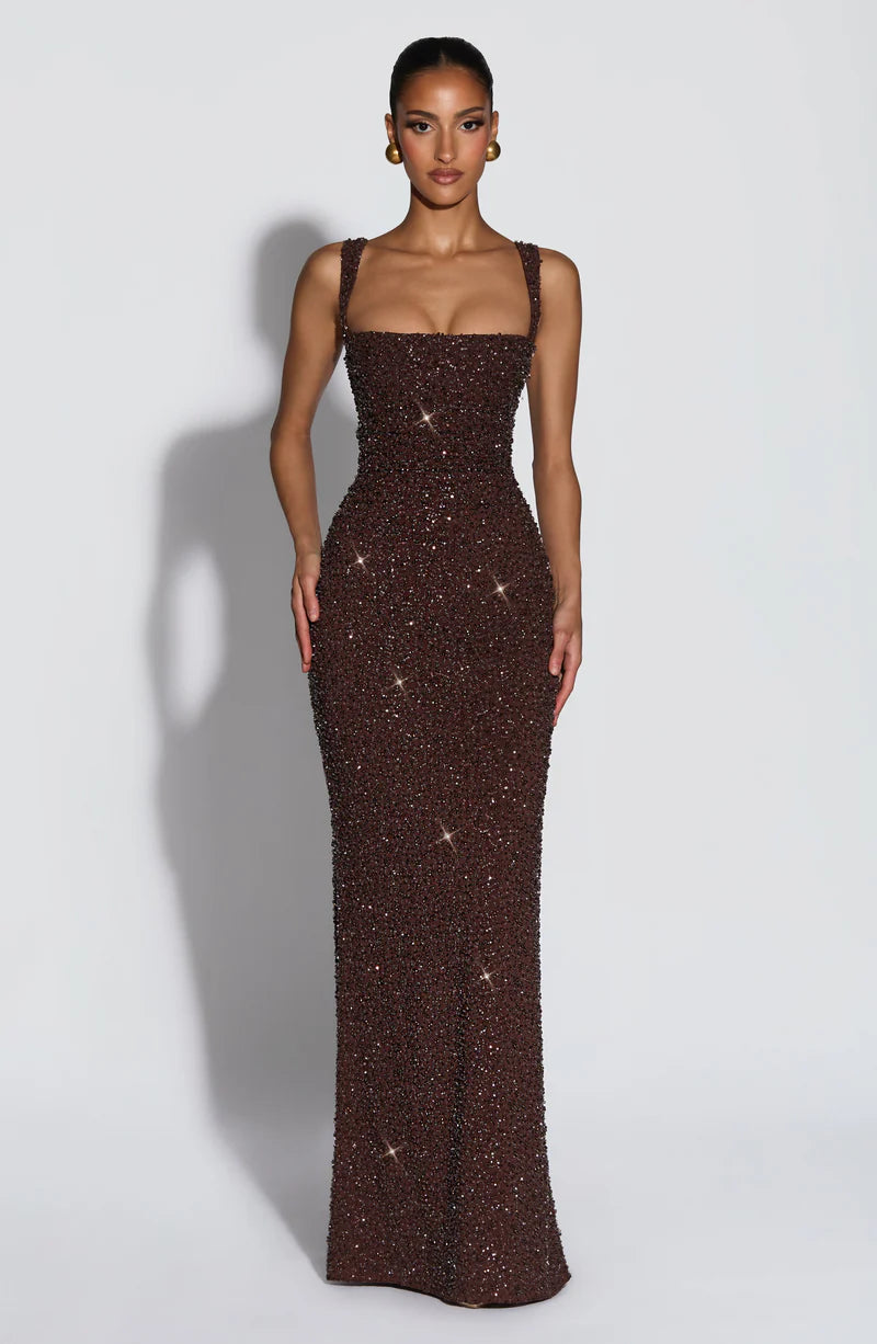 CALANTHE MAXI DRESS — PLUM BROWN SPARKLE
