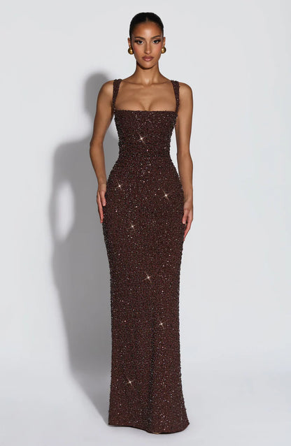 CALANTHE MAXI DRESS — PLUM BROWN SPARKLE